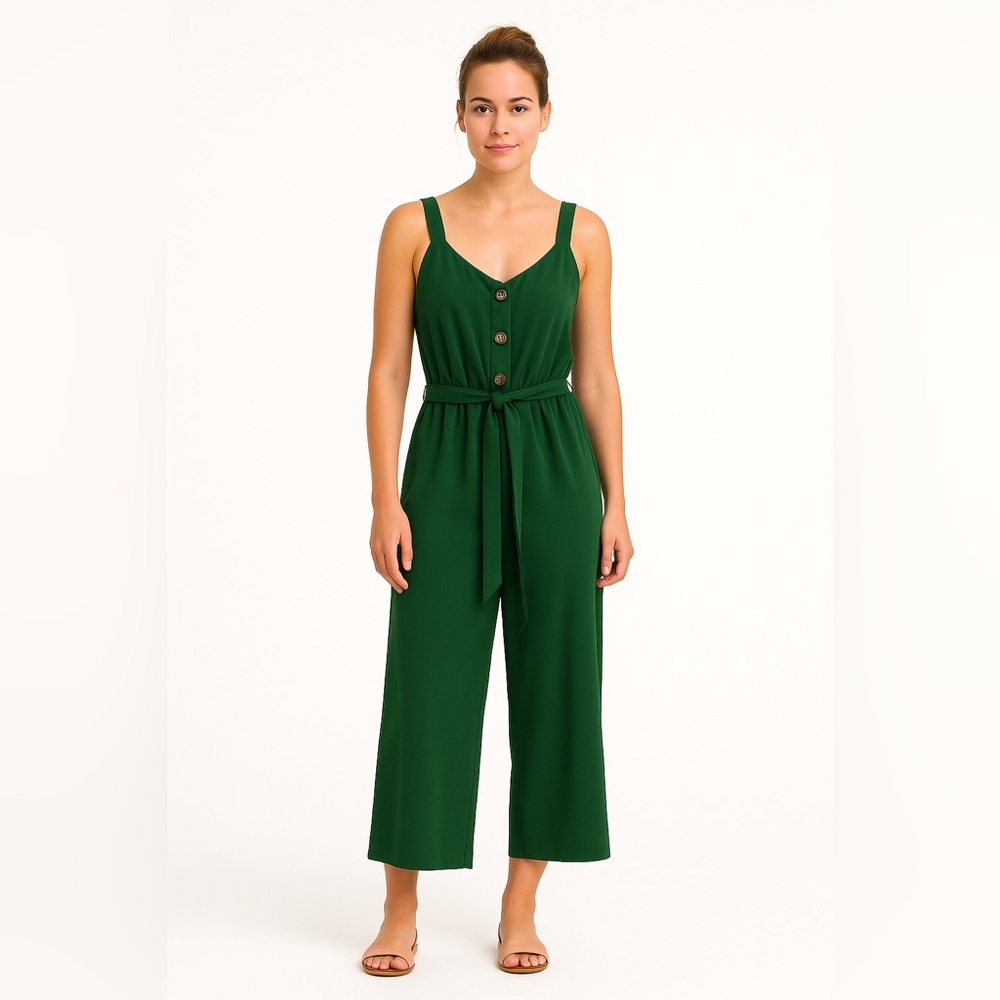 Reitmans | Forest Green Elegant Buttoned Cropped Lightweight Flowy Jumpsuit